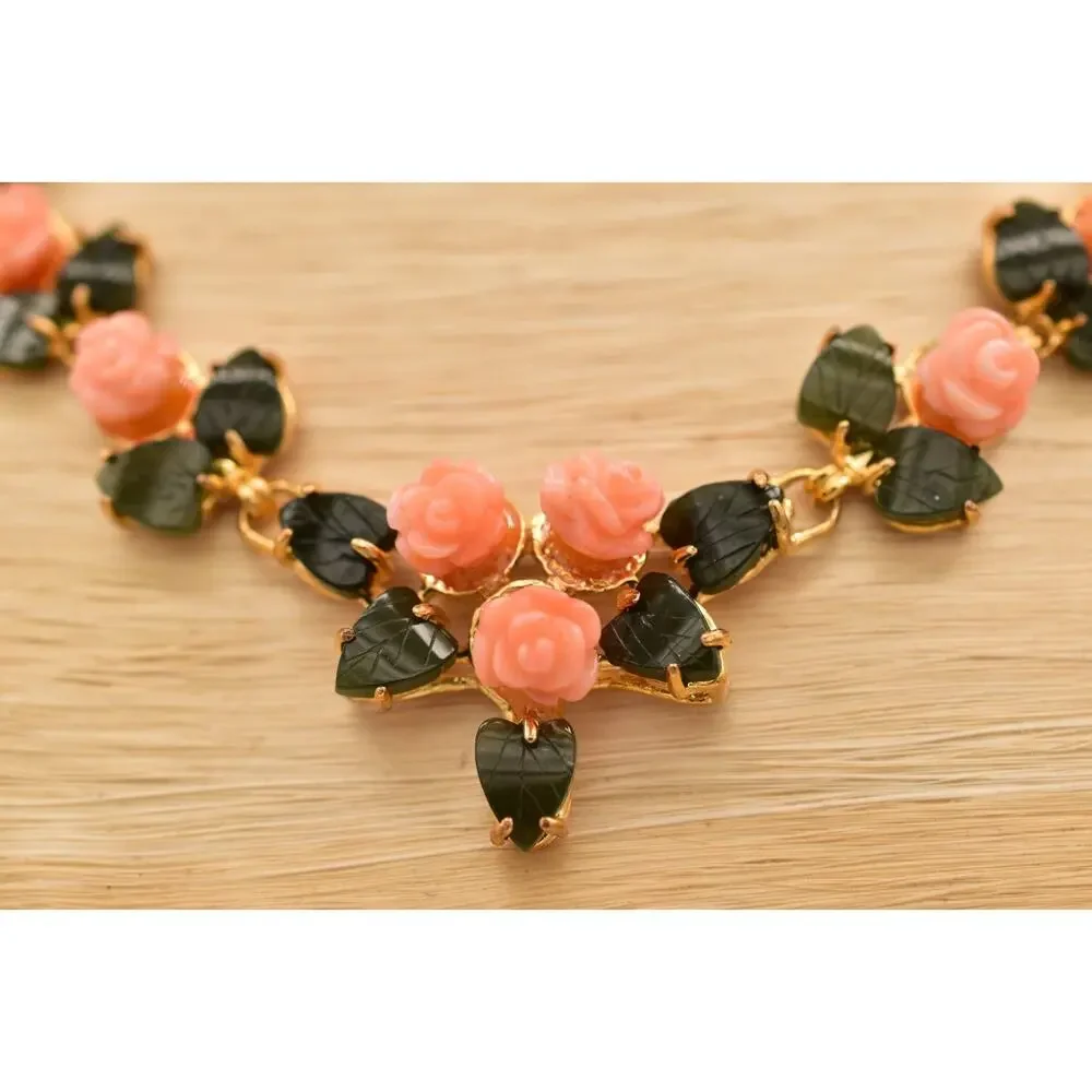 Vintage Carved Rose Leaf Collar Necklace Pink Floral Statement Gold Tone BinBE